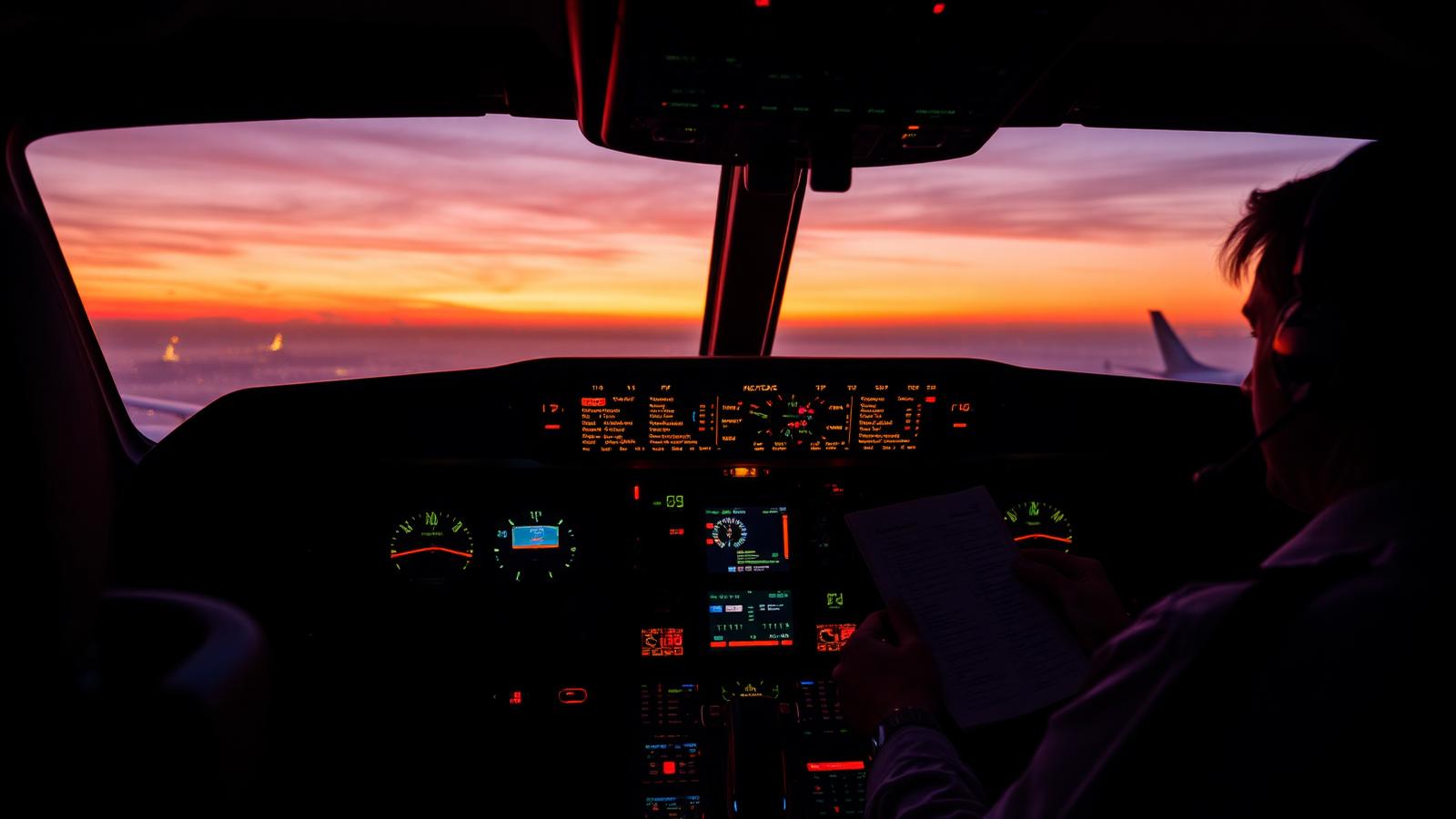 Cabina de mando durante un vuelo al atardecer