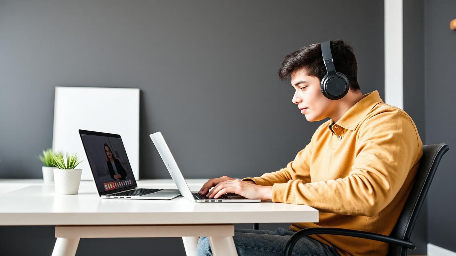 Estudiante en clase de idiomas en vivo desde su casa